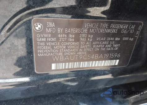 2011 BMW 328I из США, поврежденный, VIN WBAUT9C54BA191596